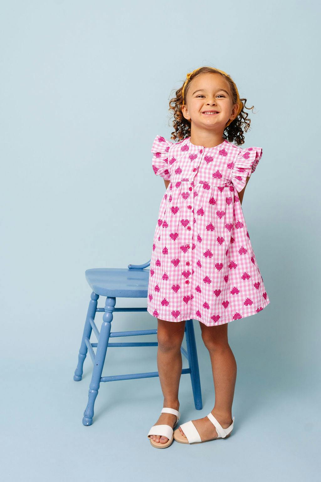 Pink Gingham Hearts Embroidery Girls Sunday Dress