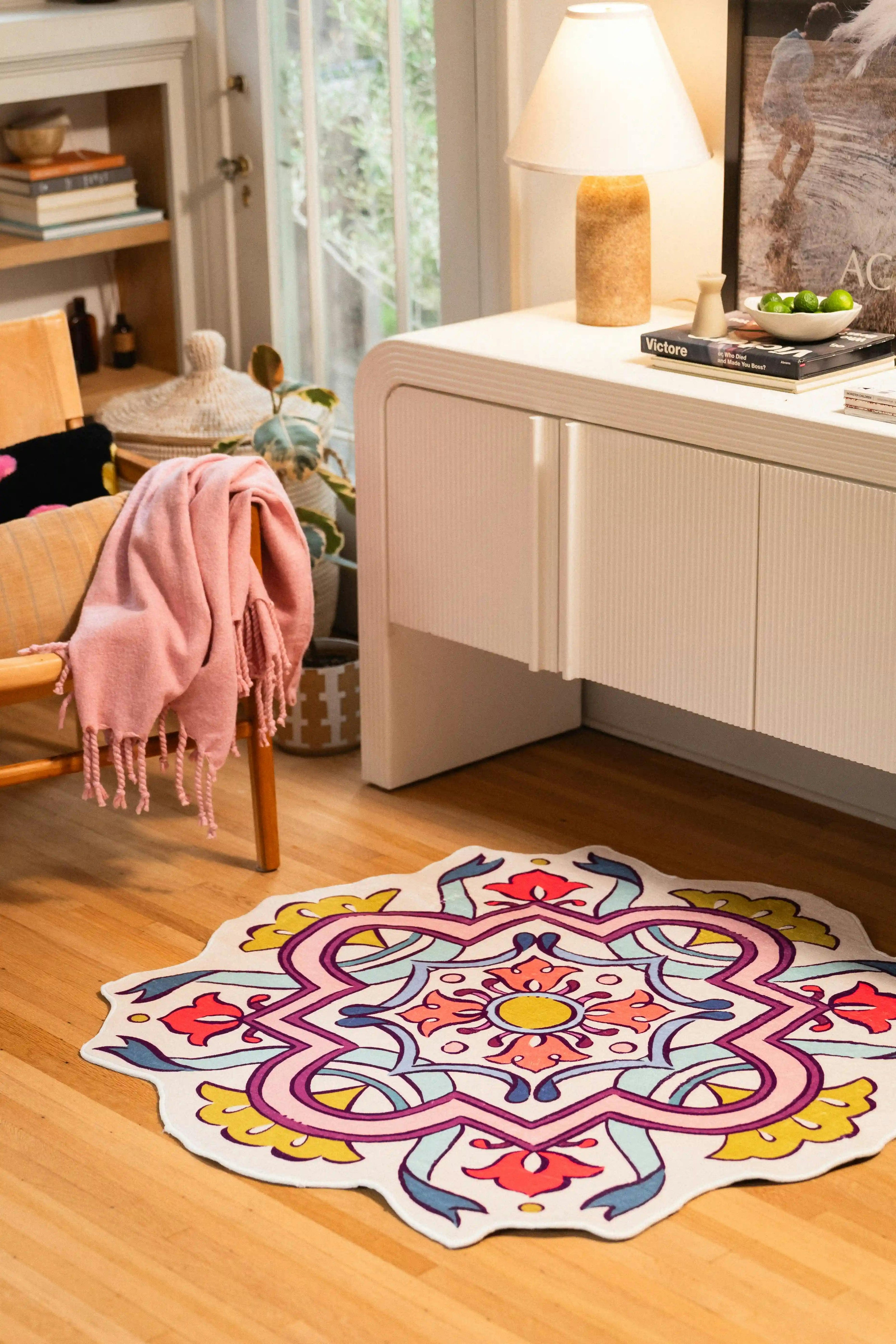 Pink Scalloped Bohemian Medallion Rug by Maayan Alper-Swan