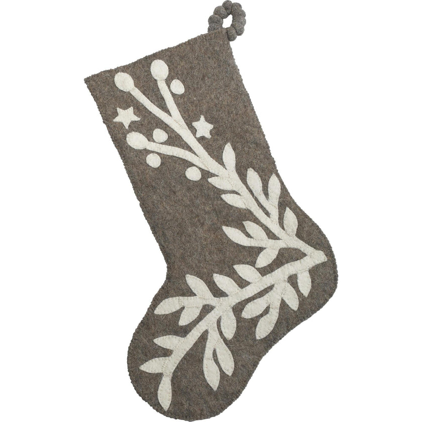 Hand Felted Wool Christmas Stocking, Stars and Branch Gray