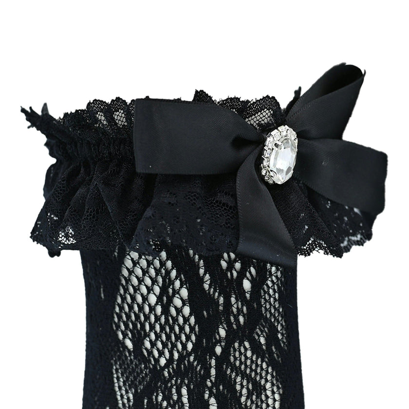 Rhinestone Lace Trim Bow Socks