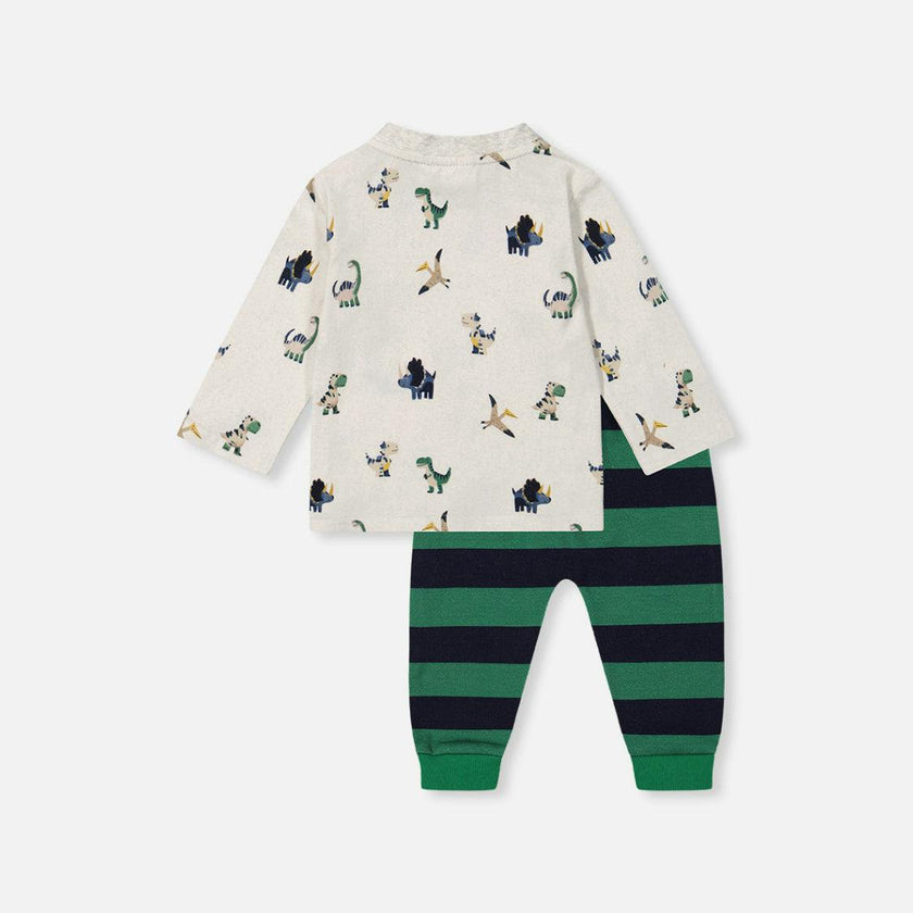 Baby Cotton T-Shirt & Fleece Pant Set Beige Dinosaur Print