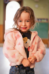 Hooded Full Zip Faux Fur Jacket Pink Printed With Hearts