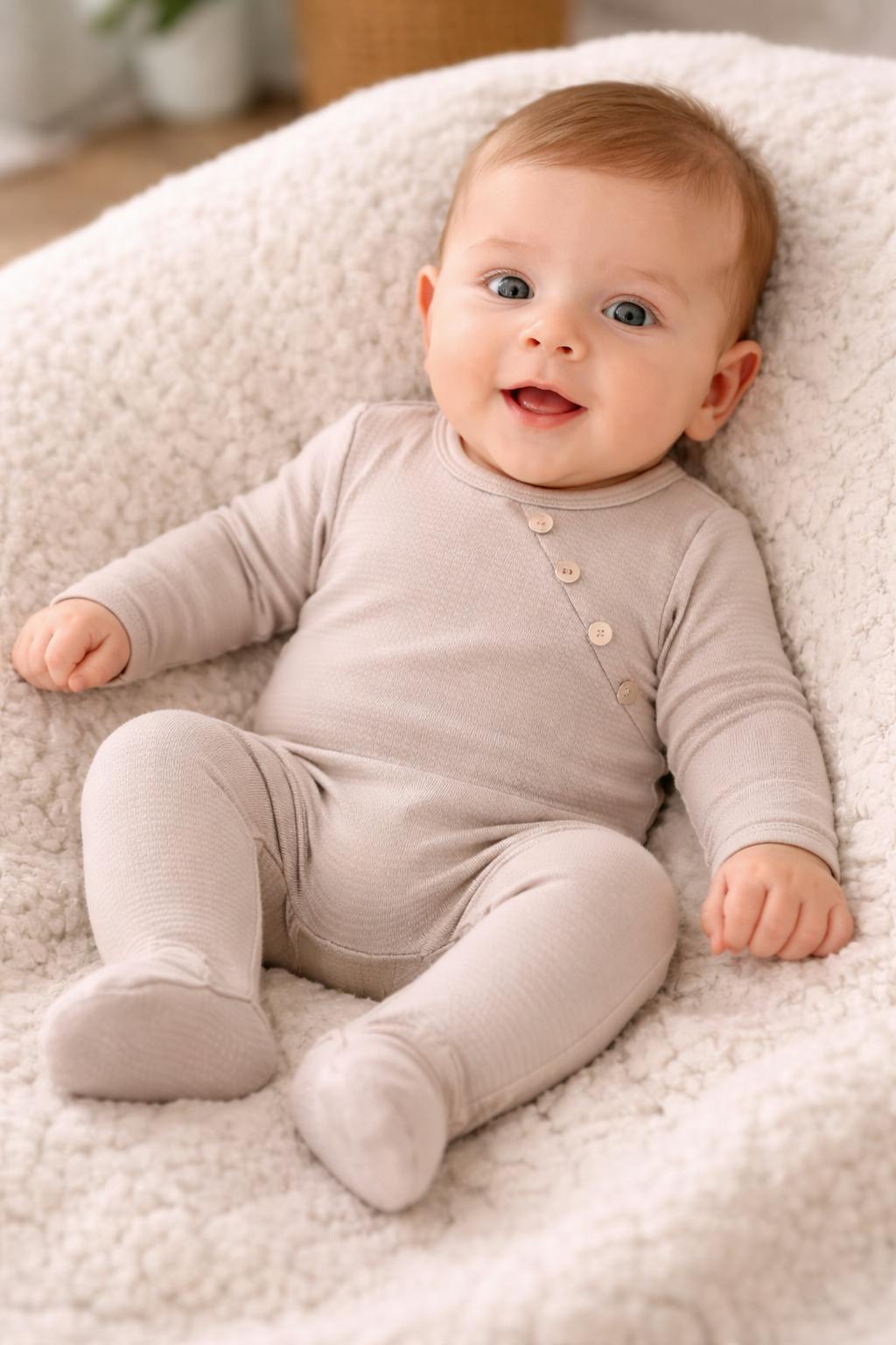 Boys Quilted Waffle Round Neck Long Sleeve Cross Buttoned Footie
