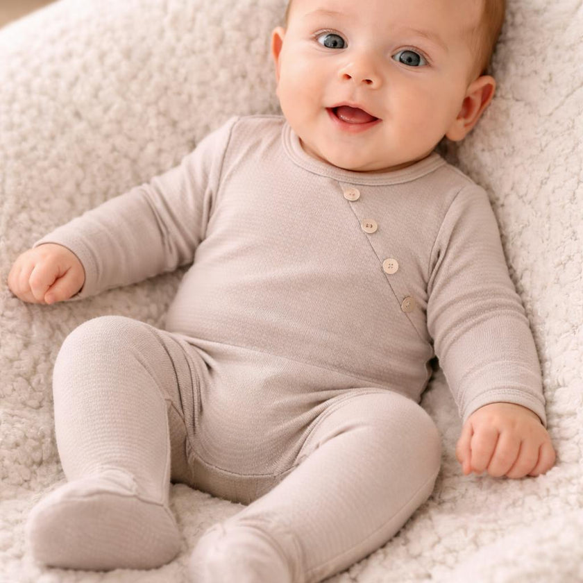 Boys Quilted Waffle Round Neck Long Sleeve Cross Buttoned Footie