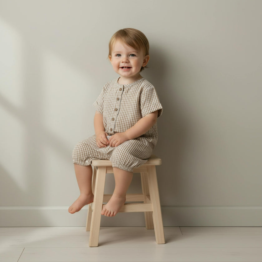 Organic Short Bubble Romper - Caramel Check