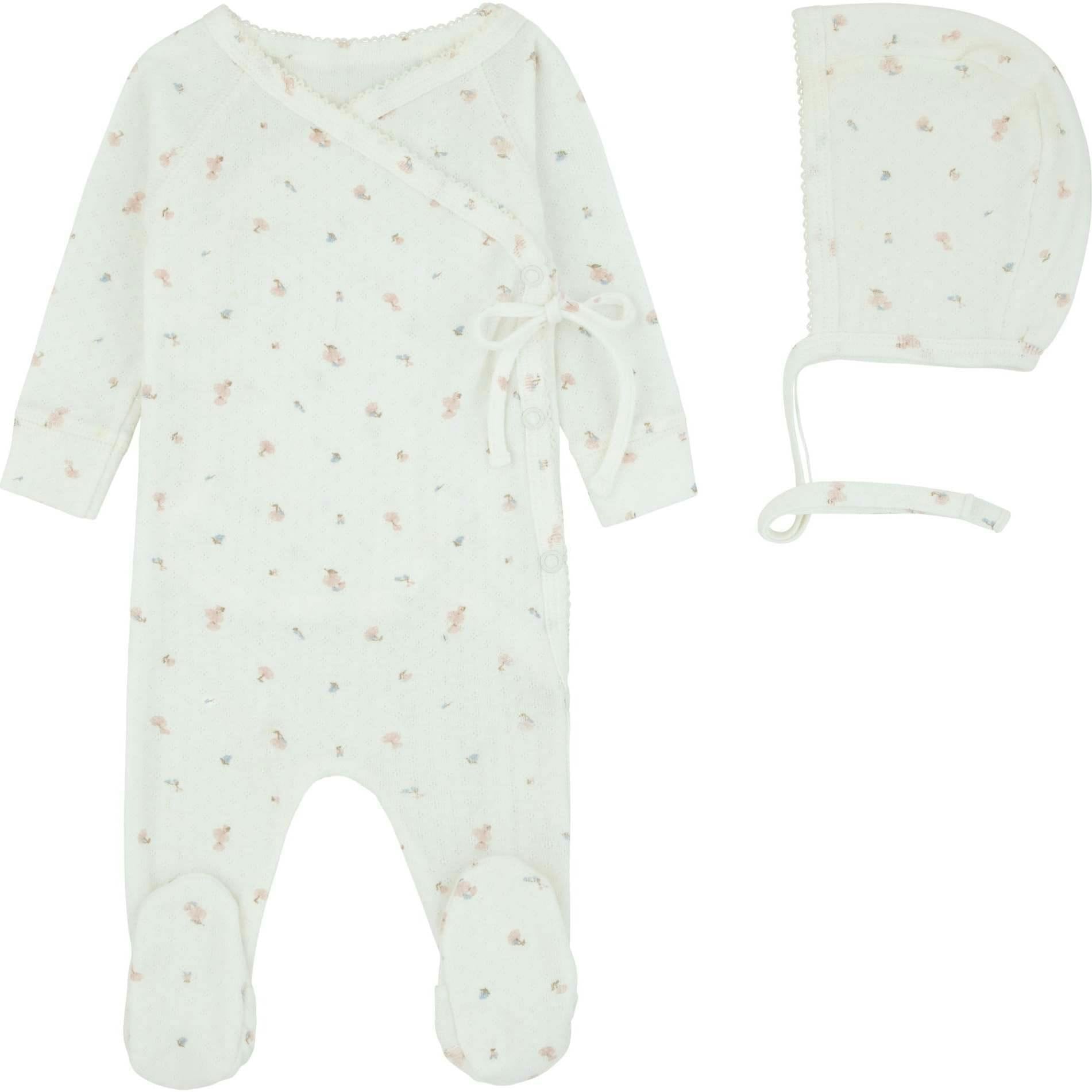 Pointelle Printed Wrap Footie And Bonnet, Girls