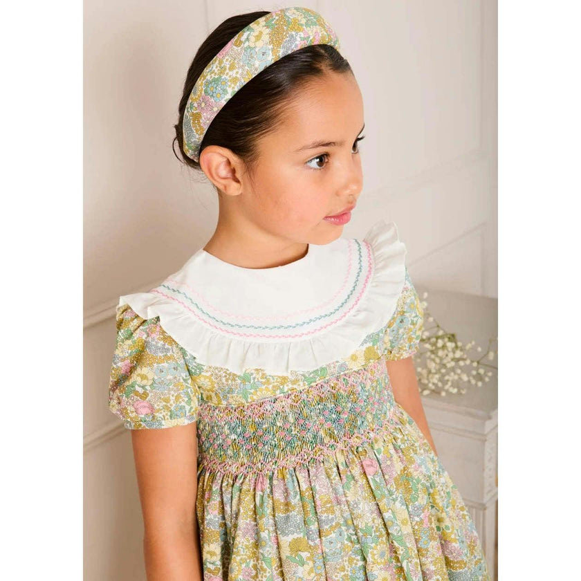 Charlotte Floral Hand Smocked Embroidered Collar Short Sleeve Dress in Green (4-8yrs)