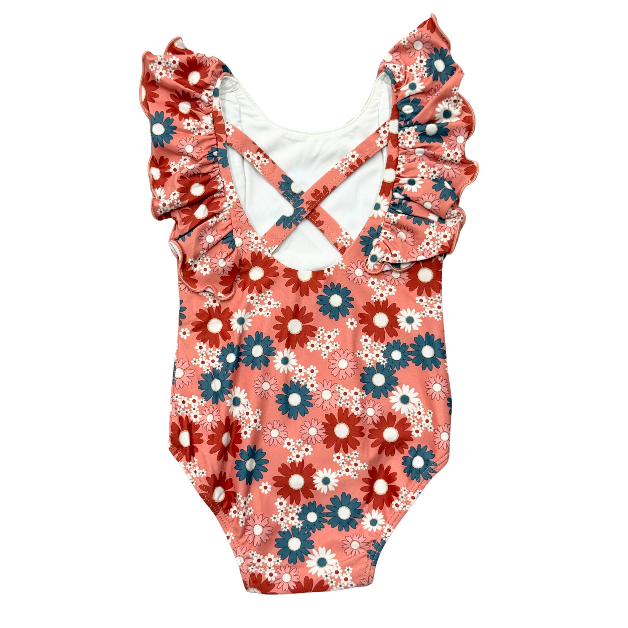 Girl's Ruffle Sleeve Cross Back Swimsuit