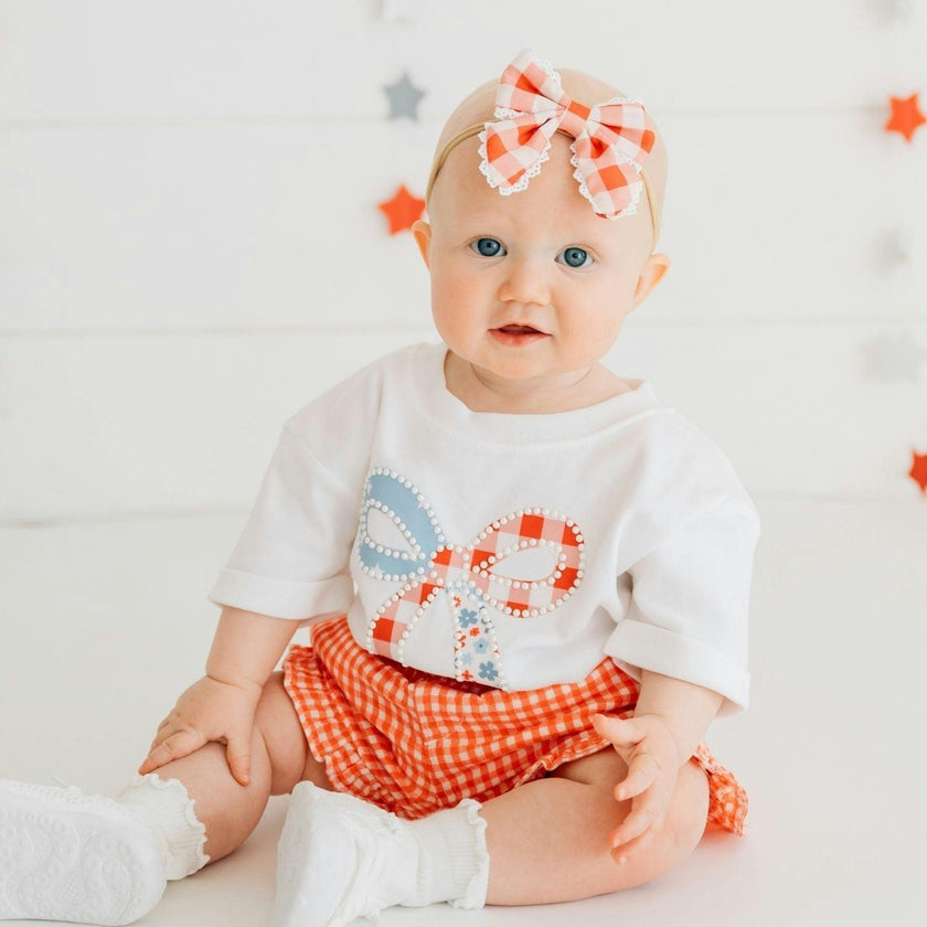 Patchwork Bow Patch Short Sleeve Romper - White
