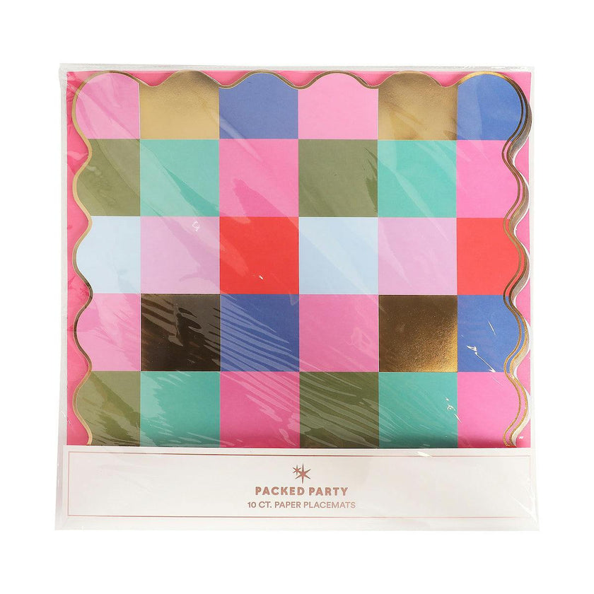 Packed Party Multicolor Checkered Square Paper Placemats 10ct | Gold Foil Festive Rainbow Design | 15 Inch Placemats for Birthday Party Tables