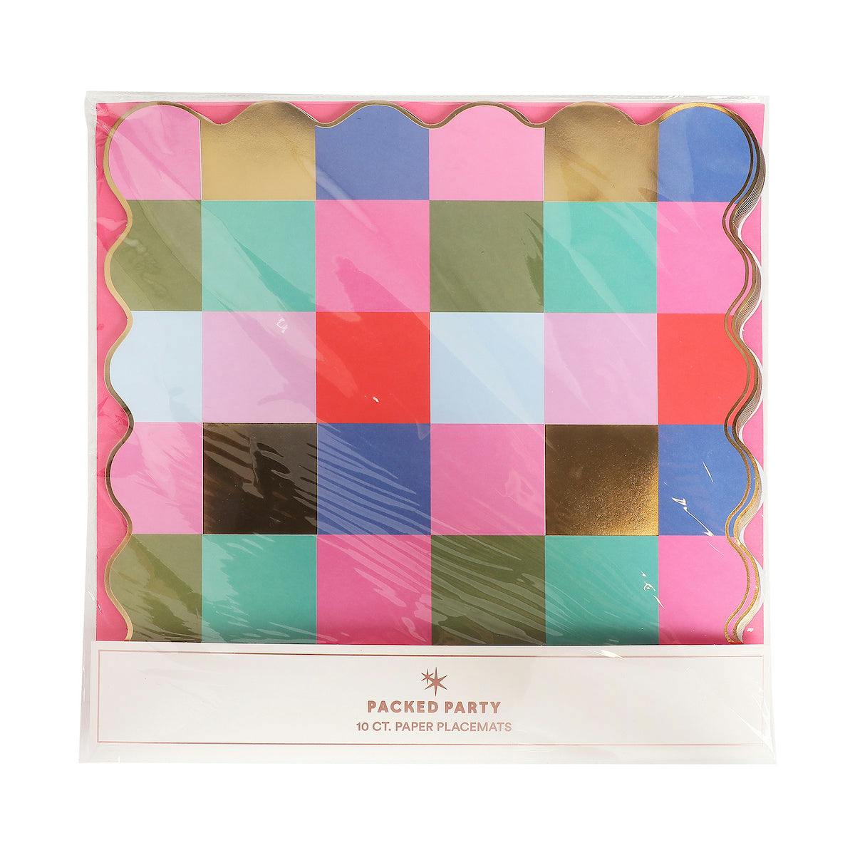 Packed Party Multicolor Checkered Square Paper Placemats 10ct | Gold Foil Festive Rainbow Design | 15 Inch Placemats for Birthday Party Tables