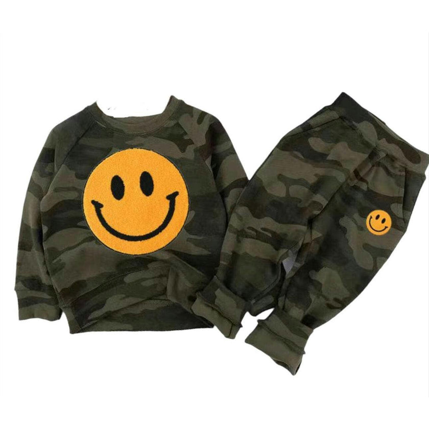 Camo Emoji Smiley Sweatshirt And Pant Track Set
