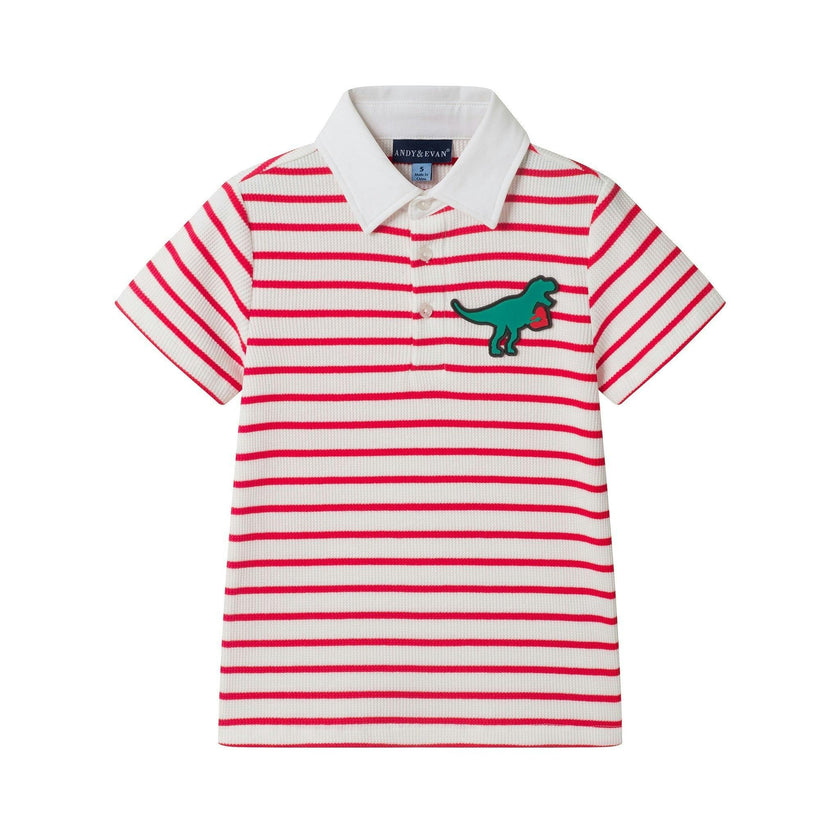 Boys Striped Polo Shirt | T-Rex Heart - Red & White