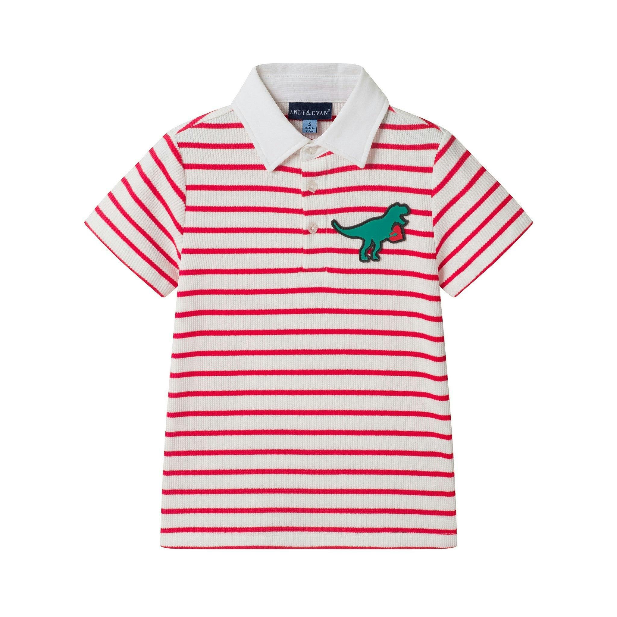 Boys Striped Polo Shirt | T-Rex Heart - Red & White