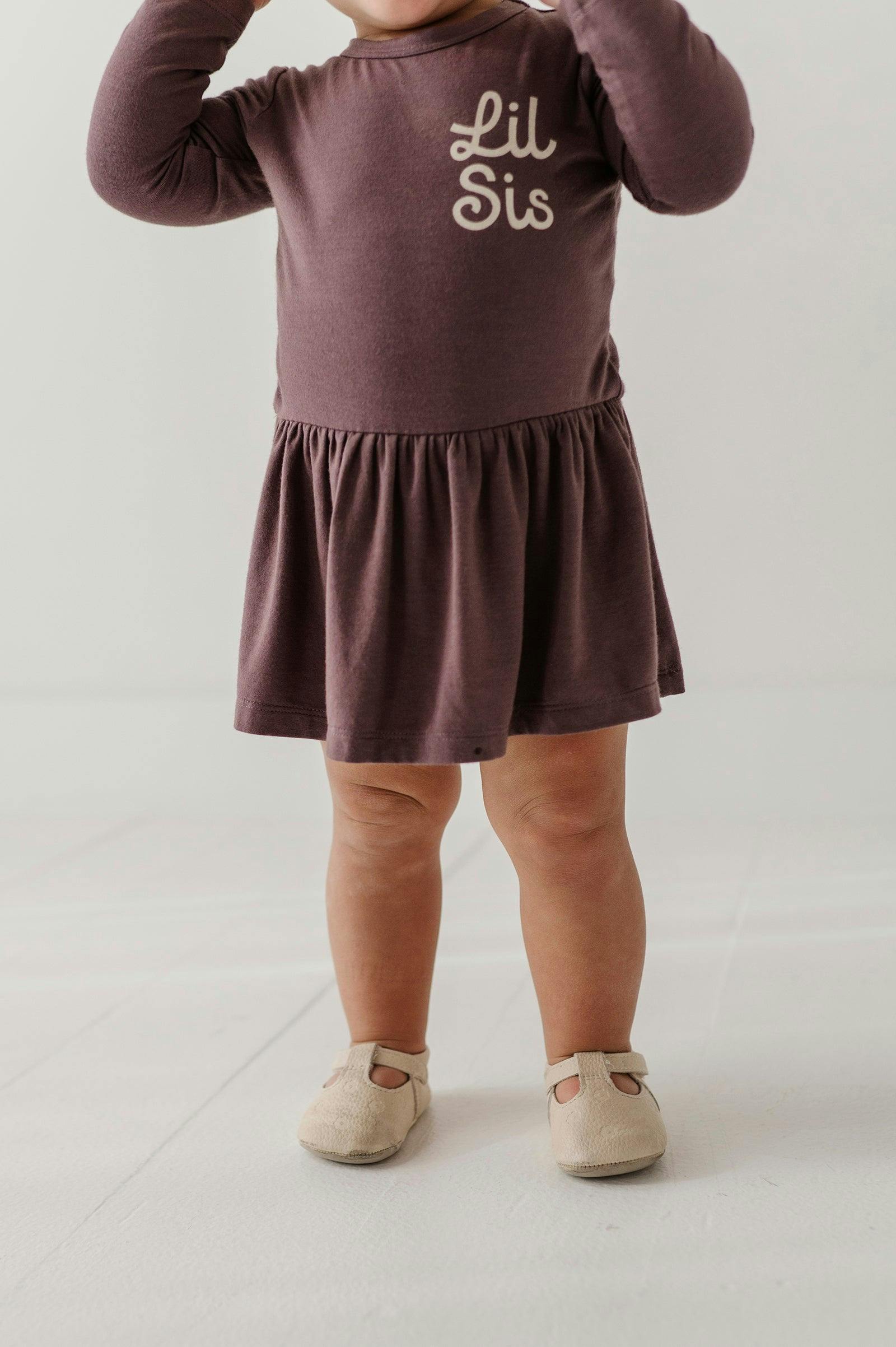 Baby Girl Long Sleeve Bodysuit Dress Set in Lil Sis in Plum