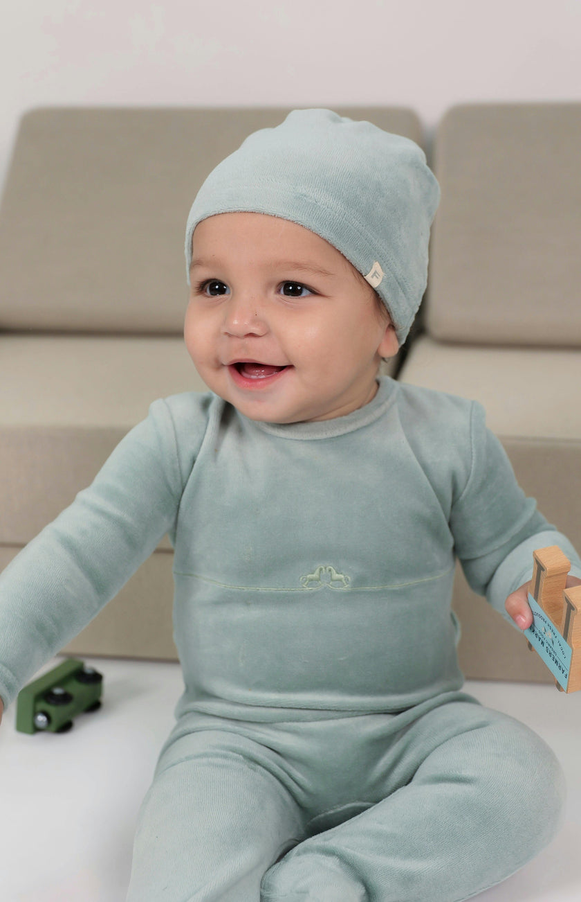 Rocking Stretch Snap Front Velour Romper and Hat Two Piece Set