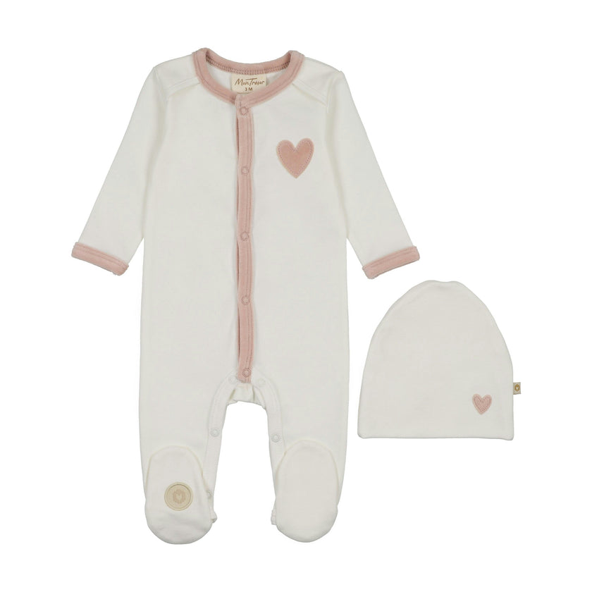 Heart-Patch Velour Footie & Hat Set