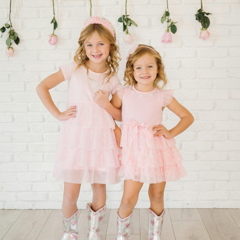 Flocked Heart Tiered Short Sleeve Tutu Dress