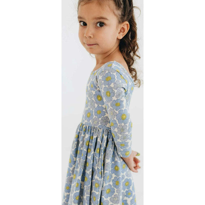 3/4 Sleeve Twirl Dress in Periwinkle Meadow