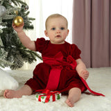 Baby Crushed Velvet Bow Ribbon Tie Short Puff Sleeve Dress