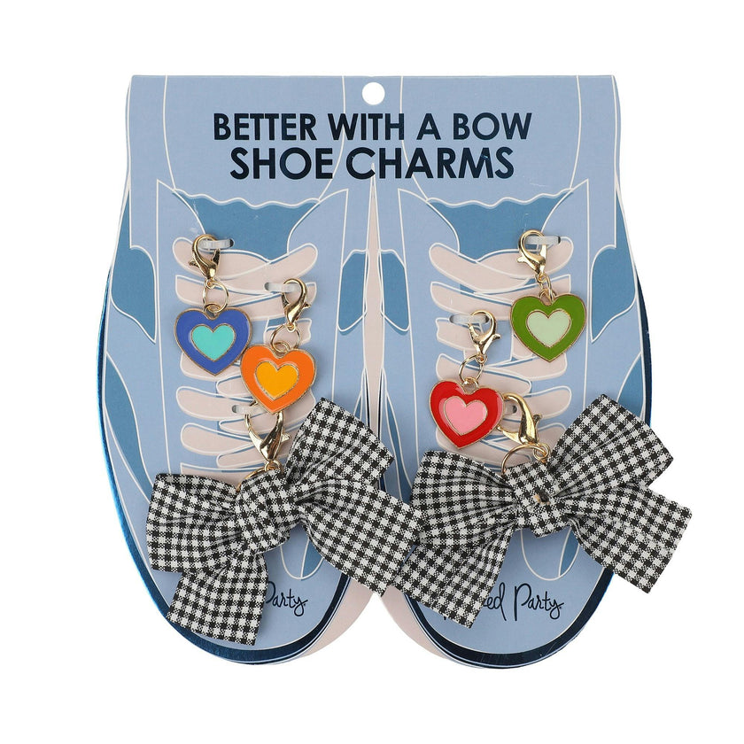 Packed Party Plaid Bows and Rainbow Hearts Shoe Charm Set 6pc - Gingham Bow and Enamel Heart Charms with Lobster Clips for Sneakers, 2.75x3.3 Inch