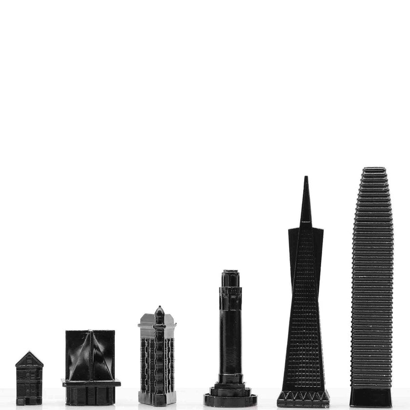 Chess Set Stainless Steel NEW YORK vs SAN FRANCISCO with B/W Hatch Board