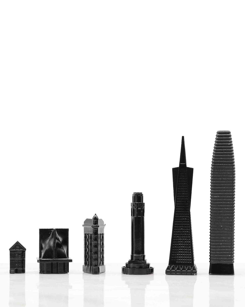 Chess Set Stainless Steel NEW YORK vs SAN FRANCISCO with B/W Hatch Board