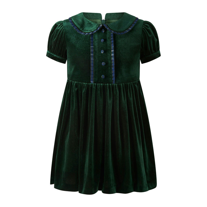 Green Velvet Tartan Trim Dress