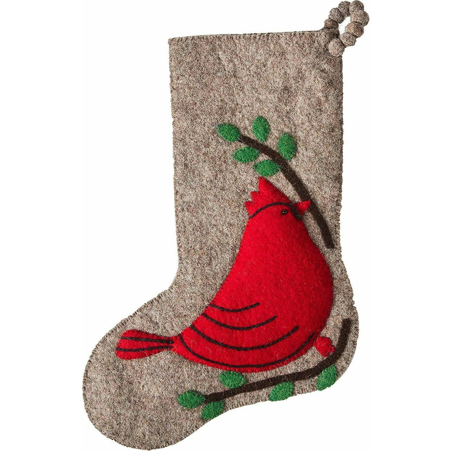Cardinal Christmas Stocking Hand Felted Wool Gray