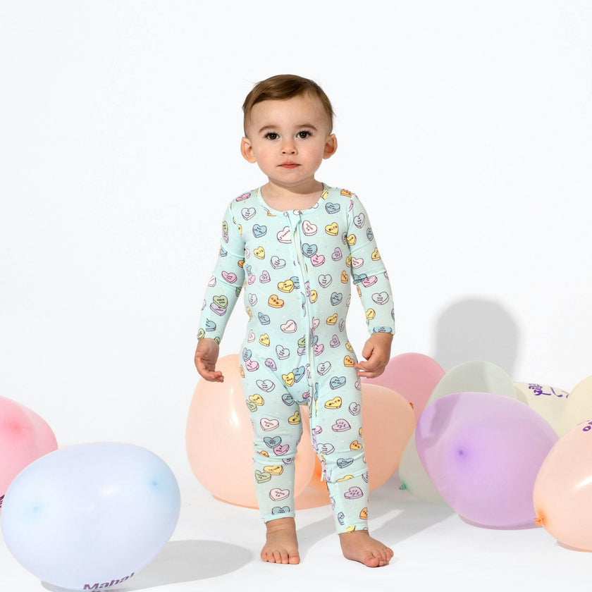 Candy Hearts Blue Bamboo Convertible Footie