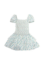 Lexi White With Pastel Blue Ditsy Satin Smocked Short Sleeve Ruffle Dress