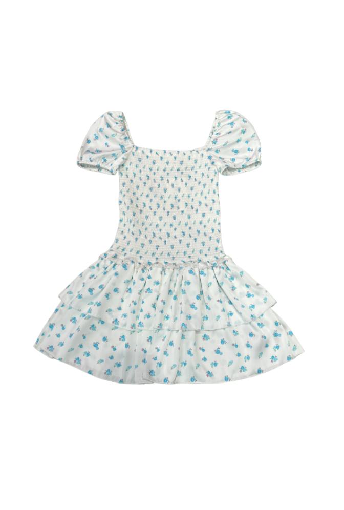 Lexi White With Pastel Blue Ditsy Satin Smocked Short Sleeve Ruffle Dress