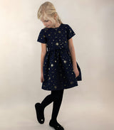 Eryna Girl Dress, French Jacquard - Navy Gold Stars
