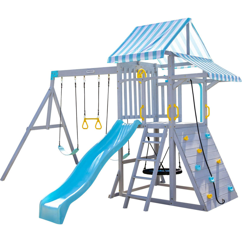 Teamson Kids Laguna Wooden Swing Set With Slide & Rock Wall