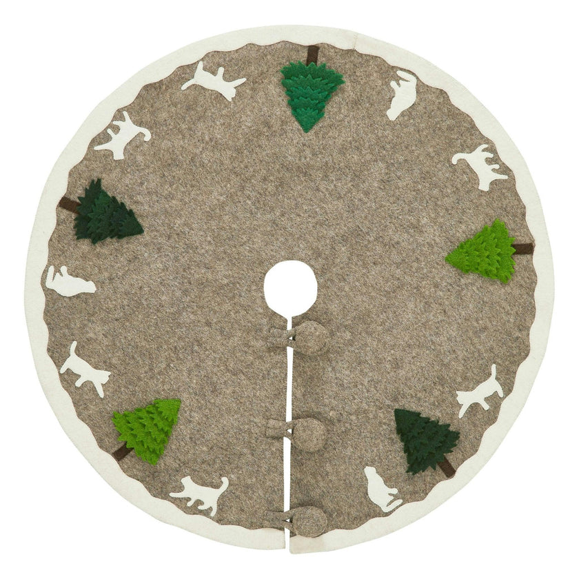 Handmade Felted Cats and Green Trees Grey Christmas Tree Skirt 36",