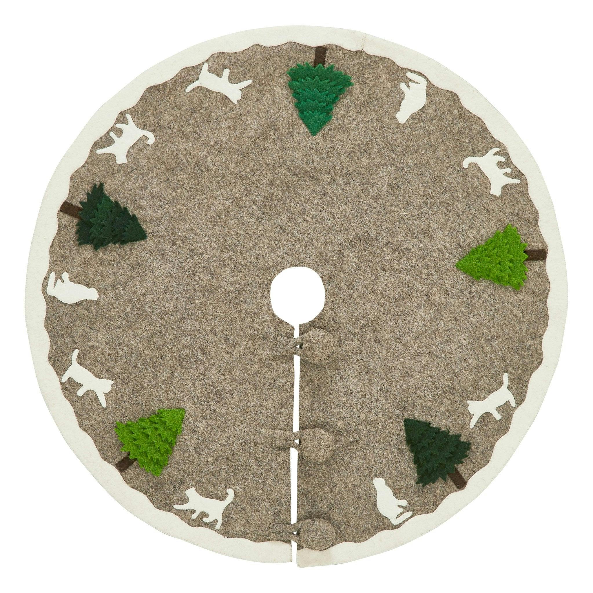Handmade Felted Cats and Green Trees Grey Christmas Tree Skirt 36