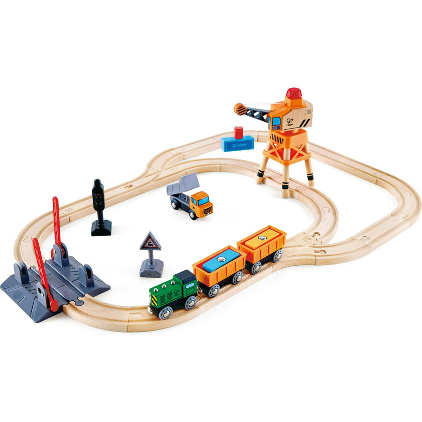 Hape: Crossing & Set - 32pc Wooden Train Cargo Railroad Yard