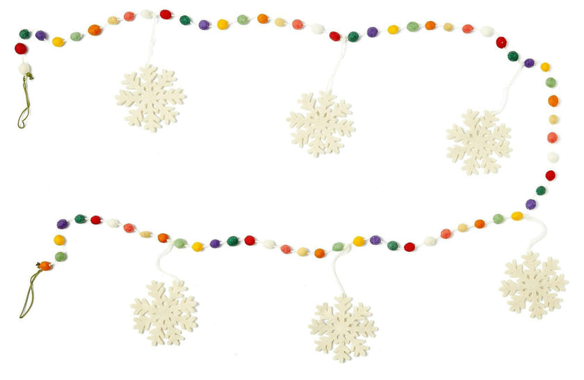 Hand Felted Wool Christmas Garland and Bunting - Multicolor Dots White Snowflakes - 6'