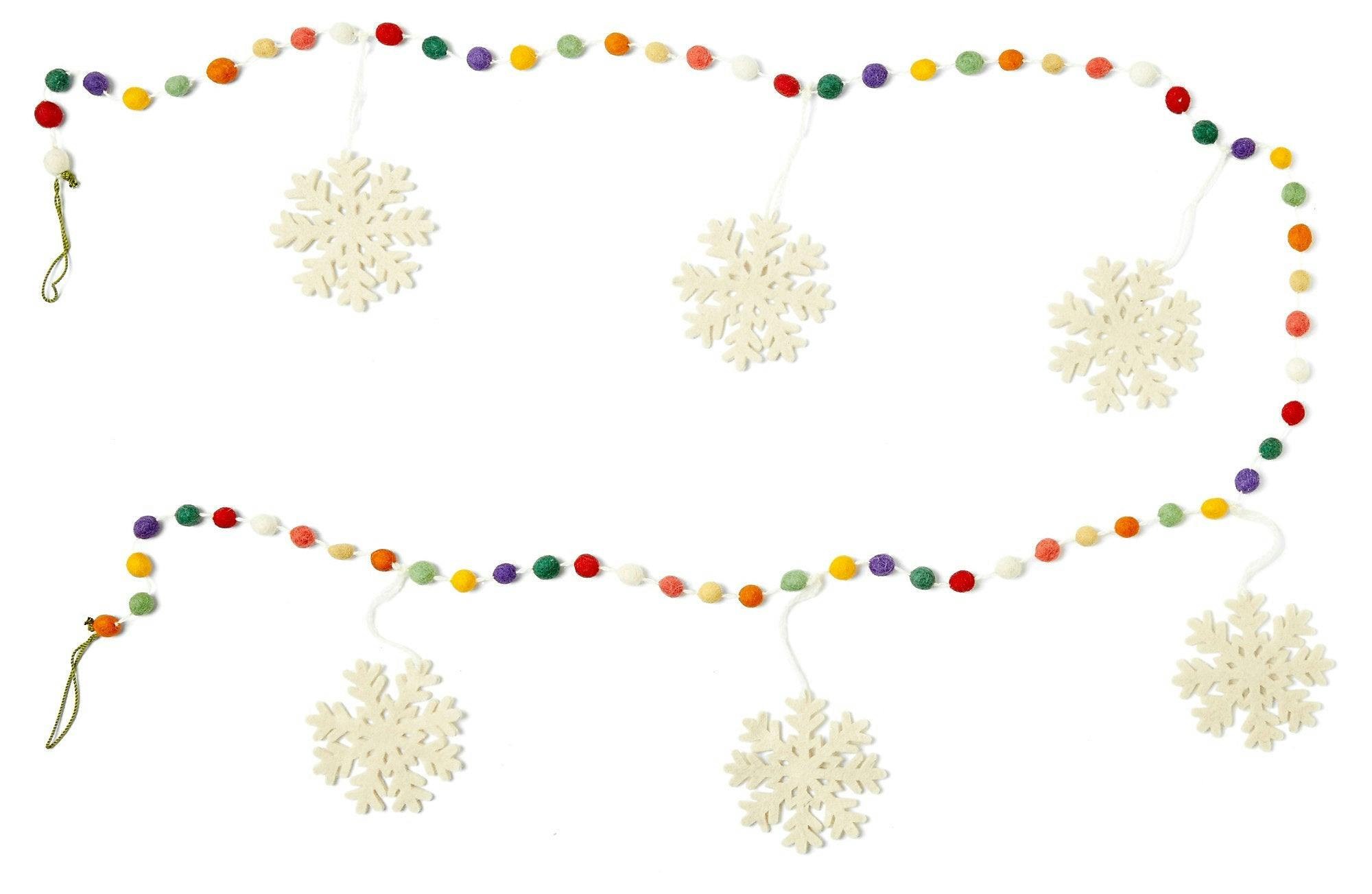 Hand Felted Wool Christmas Garland and Bunting - Multicolor Dots White Snowflakes - 6'