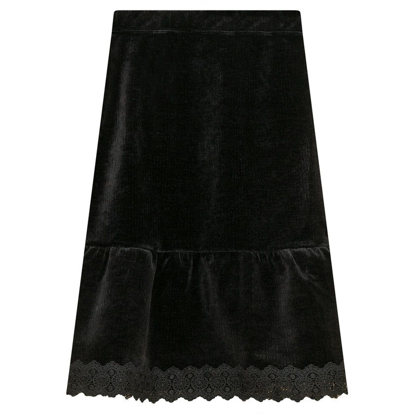 Lace Trim Velvet Skirt Beige