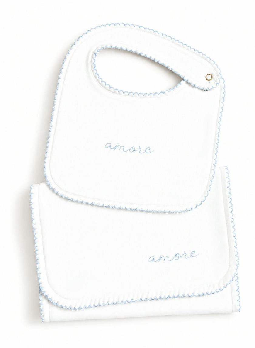 Bib & Burp Cloth Set - Embroidered Blue "Amore"