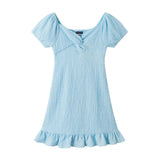 Tween Girls Textured Twist-Front Puff Sleeve Dress | Blue Twist