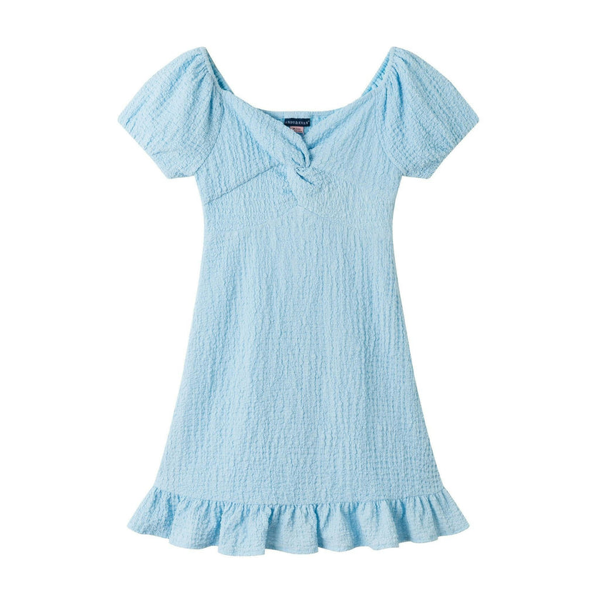 Tween Girls Textured Twist-Front Puff Sleeve Dress | Blue Twist