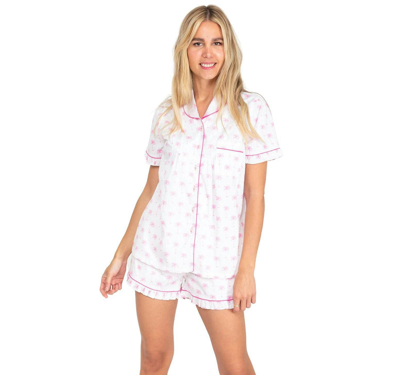 Women's Pink Palm Tree Short PJ Set - Organic Cotton Poplin