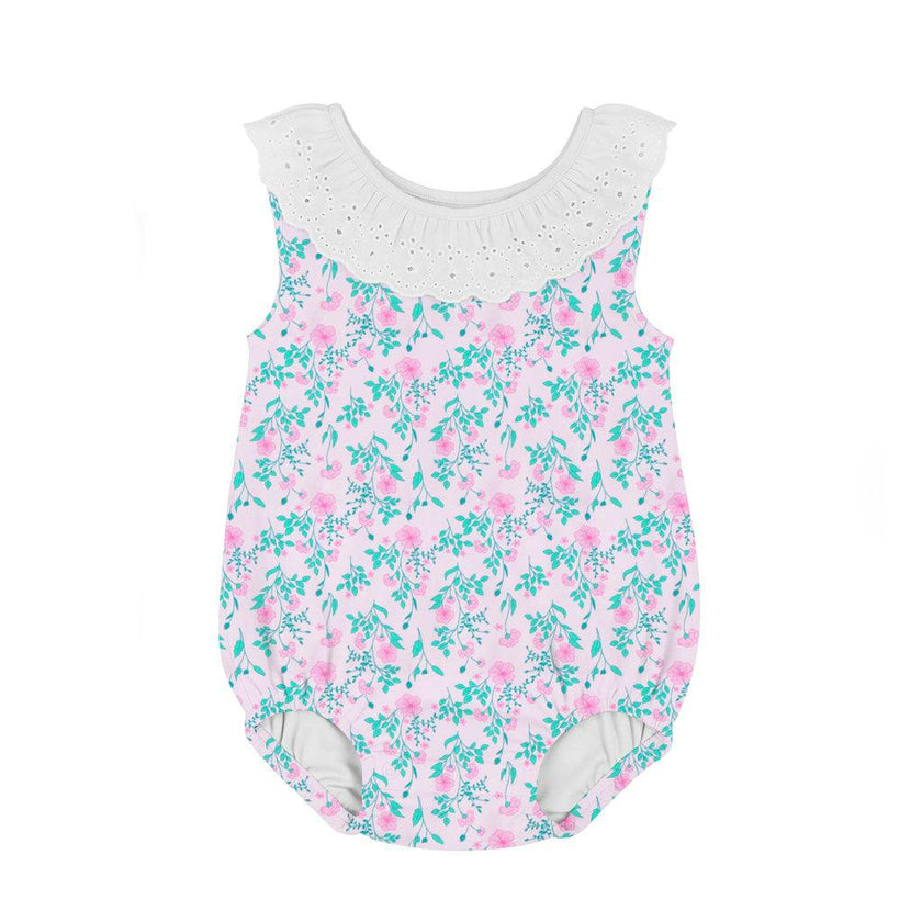Floral Print Romper with Eyelet Collar