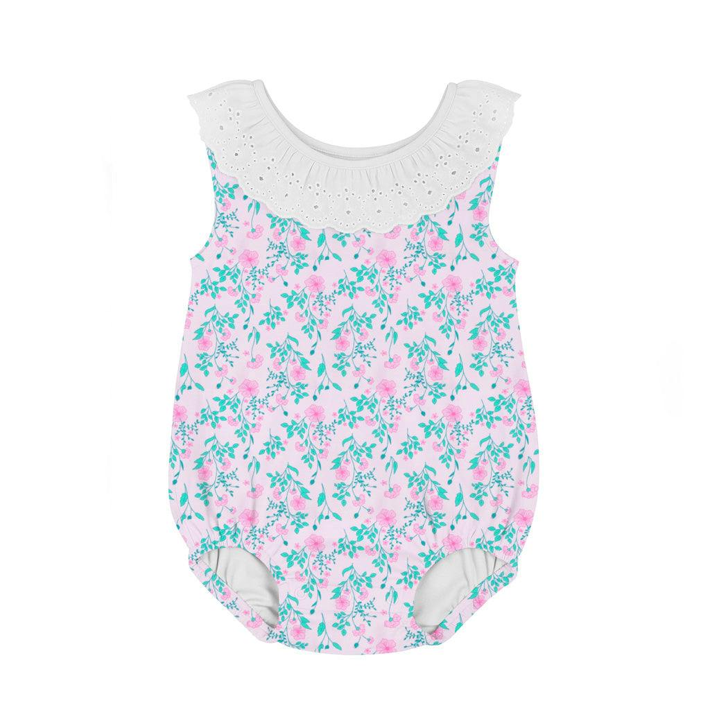 Floral Print Romper with Eyelet Collar