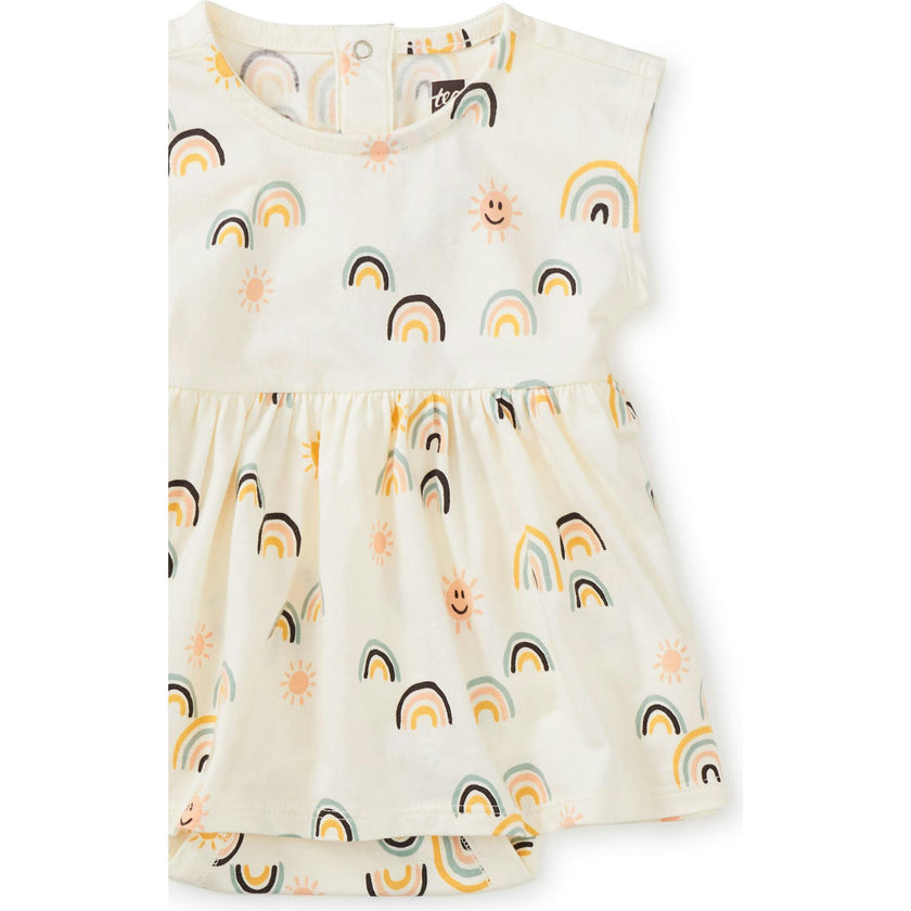 Printed Cap Sleeve Bodysuit Dress, Cream