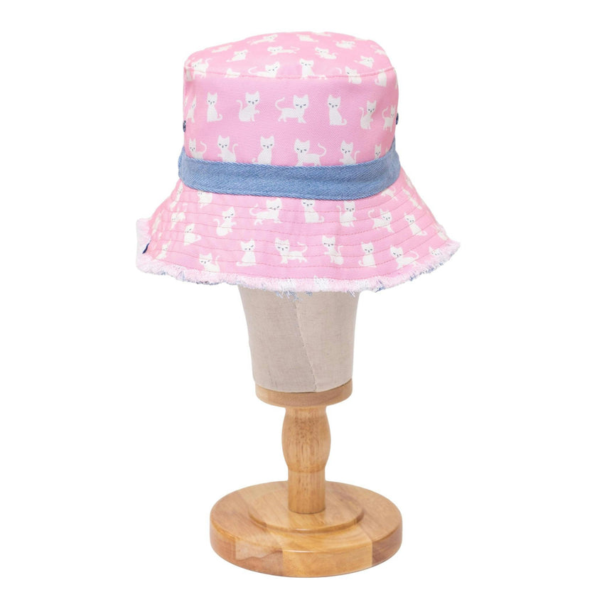 Reversible Kids Denim Bucket Hat – Embroidered Kittens & Pink Canvas Print | Frayed Brim