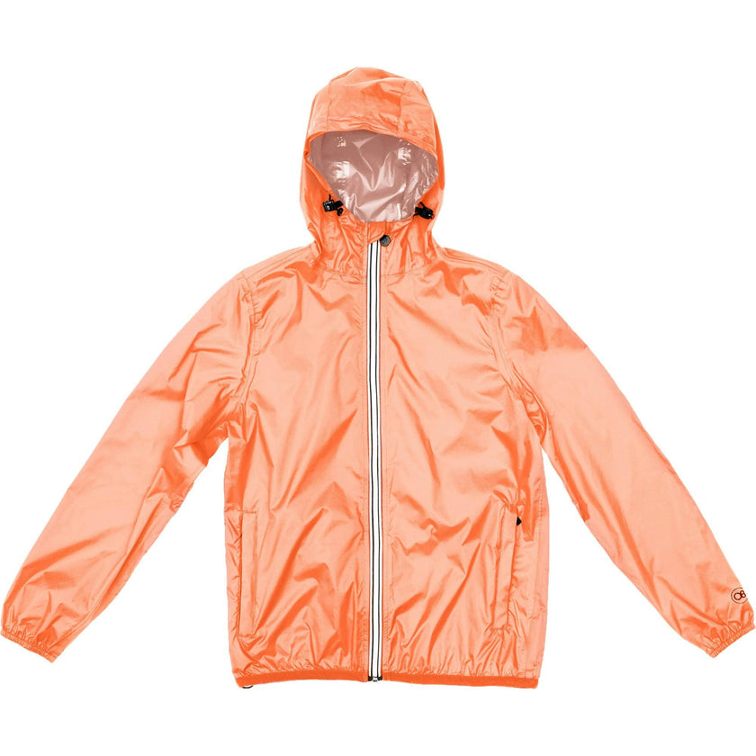 Orange fluo full zip packable rain jacket and windbreaker
