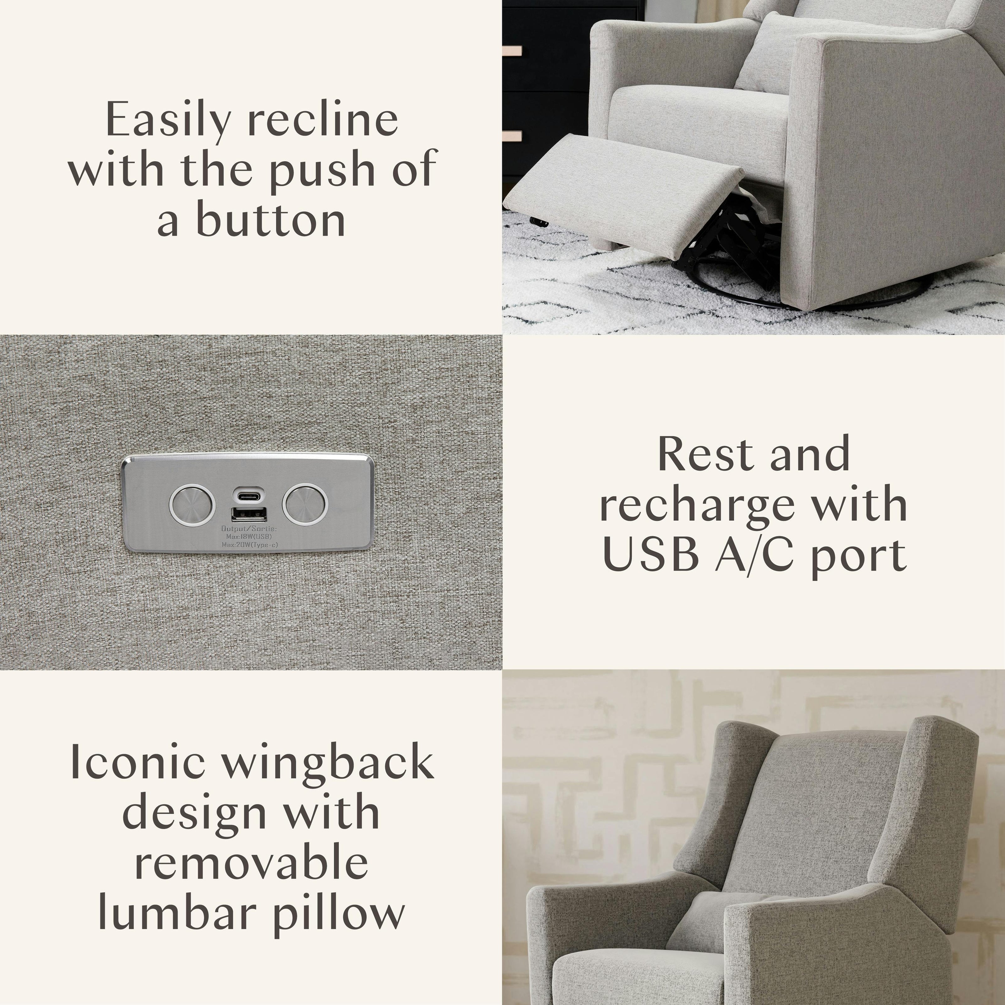 Kiwi Electronic Recliner and Swivel Glider with USB port in Performance Grey Eco-Weave